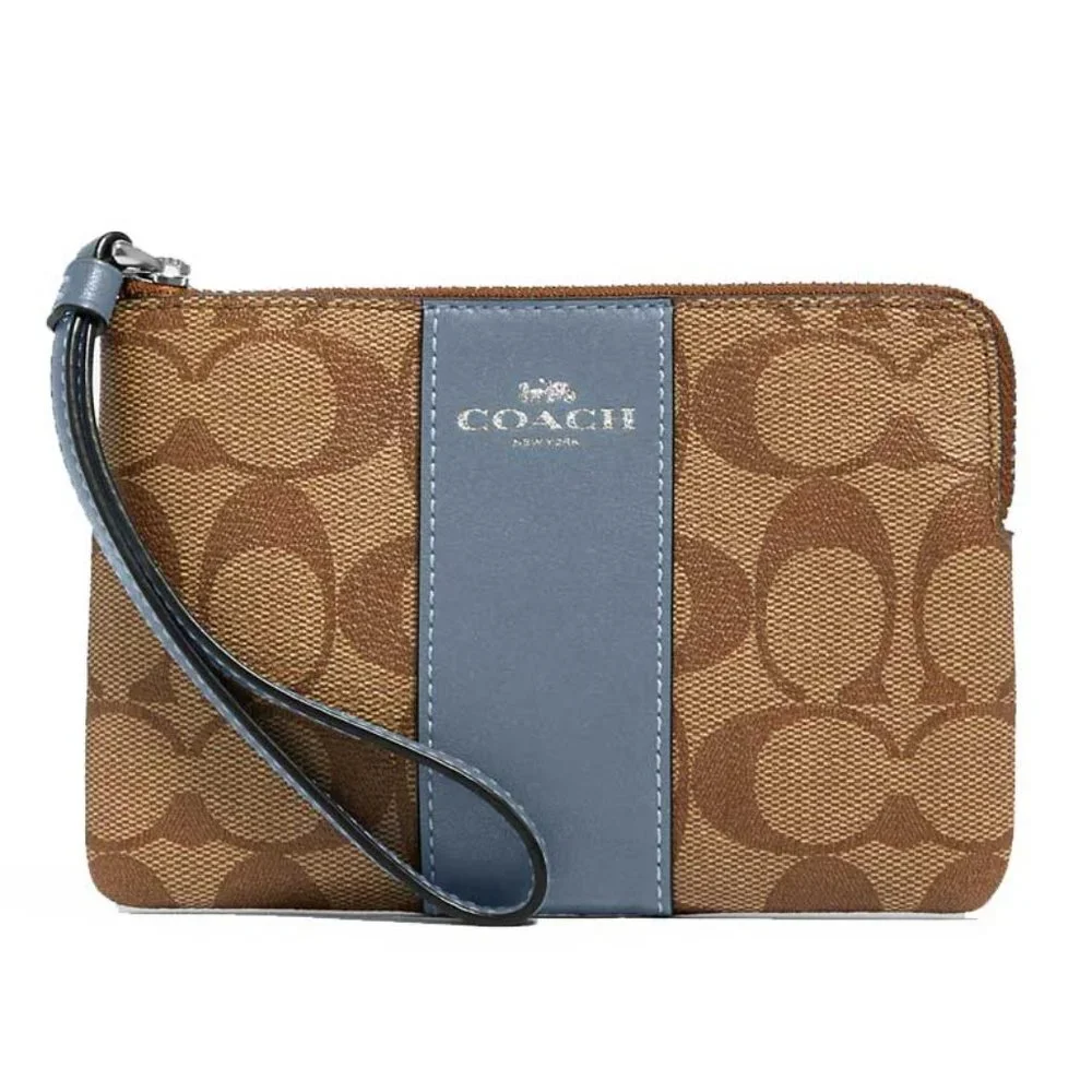 Corner Zip Wristlet In Signature Canvas Khaki / Marble Blue
